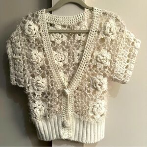 CROCHET FLORAL KNIT V NECK CARDIGAN BOHO FAIRY COQUETTE WOMENS  SZ SM/med